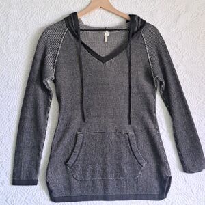 Margaret O'Leary Women Small Black Hoodie Sweater Waffle Knit Cotton V-Neck Gray